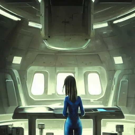 Image similar to concept art by greg rutkowski, a very tall, and slender blonde woman, wearing blue utilitarian jumpsuit, sitting in the spaceship command bridge, brutalist futuristic interior, dark lighting atmosphere, detailed portraits, nostalgic atmosphere, scifi, digital painting, artstation, concept art, smooth, sharp foccus ilustration, artstation hq