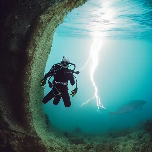 Prompt: picture of scuba diver looking to an infinite abyssal hole, dramatic lightning, realistic, detailed, underwater photography