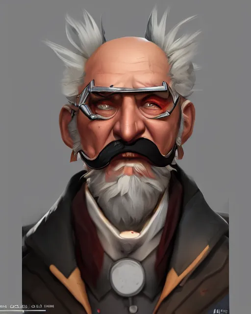 Image similar to overwatch concept art character portrait of a new character who is an elderly man with a scarred face and long mustache and eyepatch, trending on artstation, cgsociety,