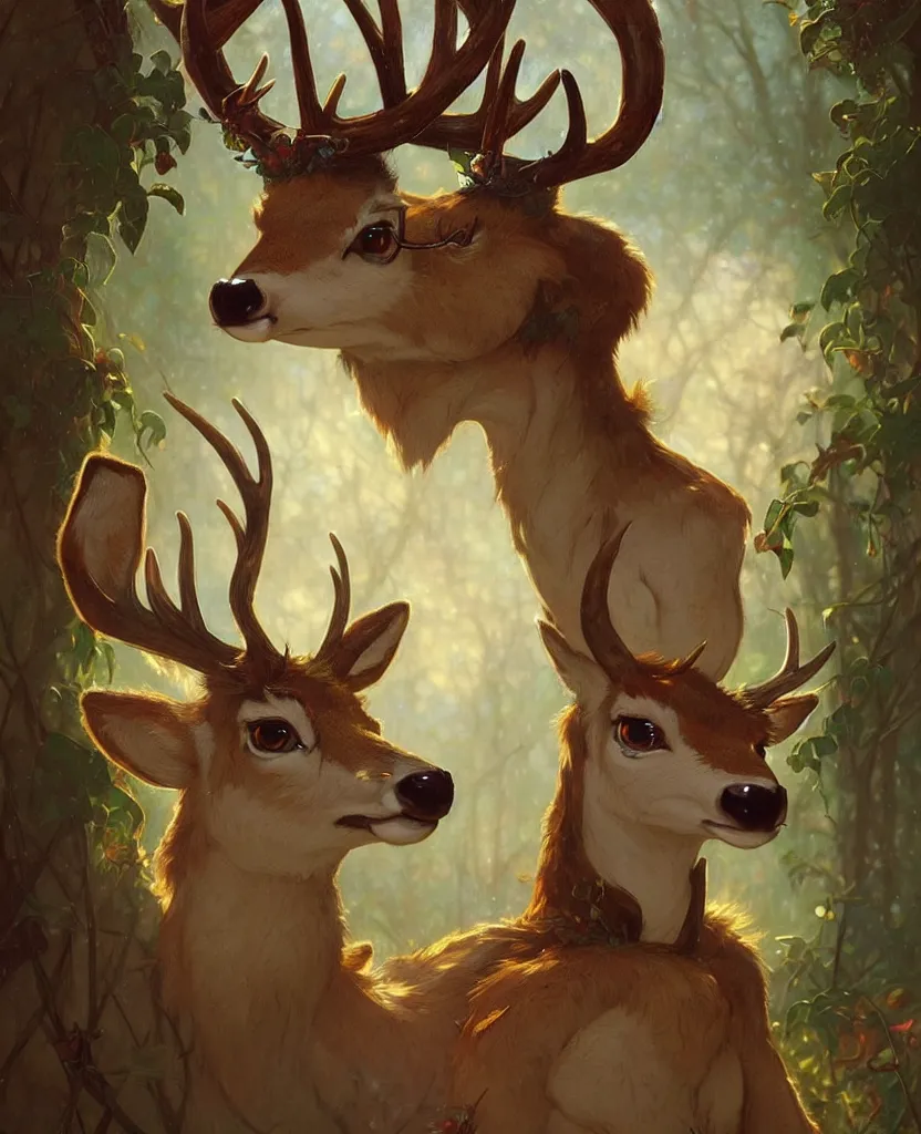 Image similar to anthropomorphic shy and nerdy deer with exquisite antlers. Renowned character illustration by greg rutkowski, thomas kindkade, alphonse mucha, loish, norman rockwell. Trending on FurAffinity.