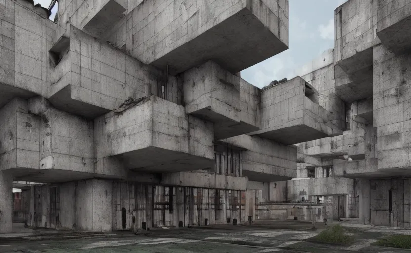 Image similar to Brutalist architecture buildings, unreal engine, artstation trending, horror scene, highly detailded