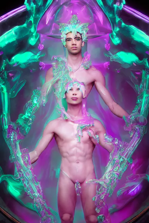 Image similar to photo of fullbody rococo and cyberpunk delicate neon crystalline sculpture of handsome muscular onyx albino marble prince joe jonas as an mint iridescent humanoid deity wearing pink plastic hooded cloak holding an onyx skull in a onyx space dungeon, reclining, glowing yellow face, crown of white diamonds, cinematic lighting, photorealistic, octane render, 8 k, depth of field, 3 d