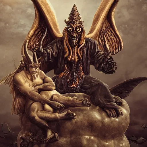 Image similar to a very detailed photo of satan sitting on earth globe, with baphomet and lucifer, creepy, godrays, studio photo, highly detailed, artstation, trending,