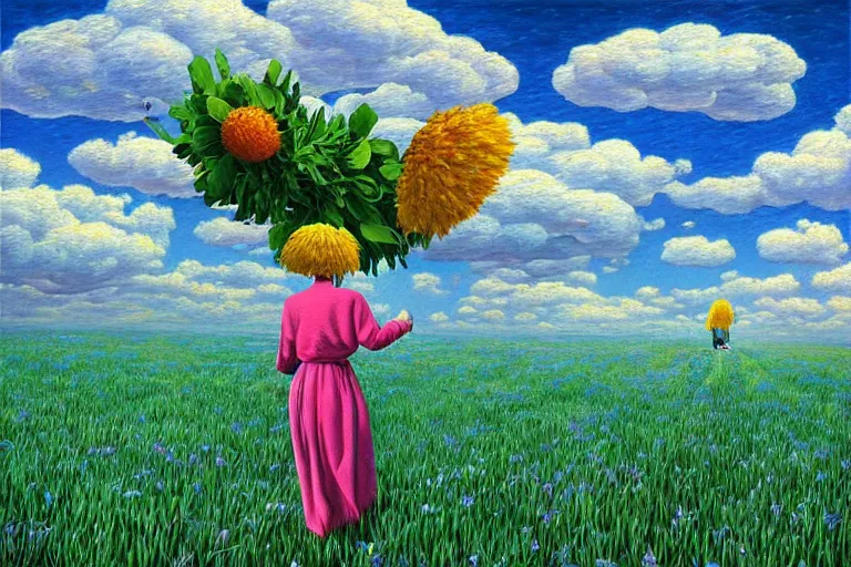 Prompt: huge flower head, woman walking, surreal, clouds in sky, impressionist painting, digital painting, artstation, rob gonsalves