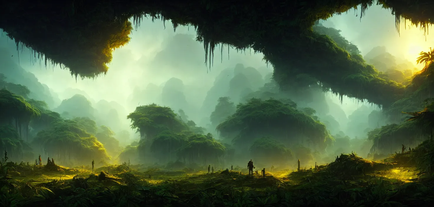 Prompt: jungle inside spotlight, background dark, cinematic view, epic sky, detailed, concept art, low angle, high detail, warm lighting, volumetric, godrays, vivid, beautiful, trending on artstation, by jordan grimmer, huge scene, grass, art greg rutkowski