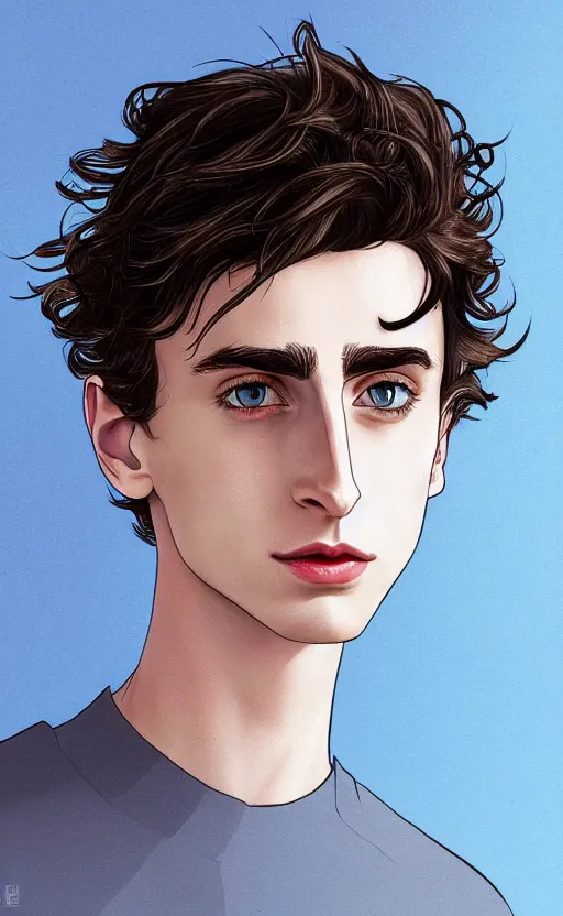 Image similar to portrait of a masculine 3 0 year old empeoror with thin face lines like timothee chalamet, have mi - long brown hair and blue eyes ( completely blue, without white, just blue ), very beautiful portrait, low angle, realistic anime style and perfect art, trending on artstation, good and dramatic lighting