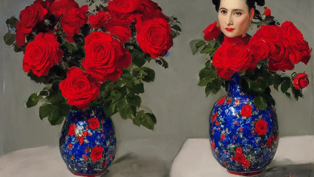 Image similar to portrait of rebekah delrio in lynch pattern, big persian detailed pot of red roses, blue and red lights painted by john singer sargent