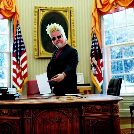 Prompt: President Guy Fieri at his desk in the white house Oval Office, business suit, signing bill, cinematic, kodak 2383 film