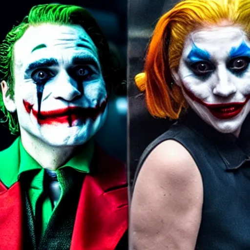 Image similar to 8 k uhd footage from new joker movie, joaquin phoenix as joker and lady gaga as harley quin, paparazzi shot, uhd details