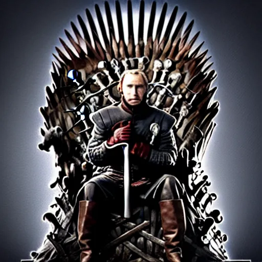 Image similar to “Putin sitting on the iron throne, 4k, award winning, Digital art, scene from game of thrones”