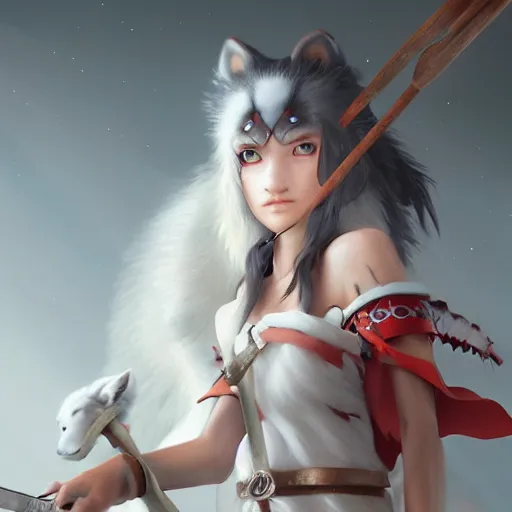 Prompt: Princess Mononoke holding a spear, standing next to Moro the white wolf, portrait by loish and WLOP, octane render, dark fantasy, trending on ArtStation