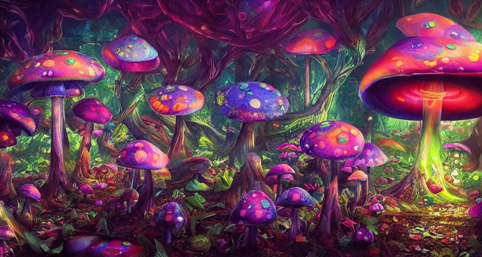 Image similar to a beautiful painting of trippy mushrooms by Tokio Aoyama, Mario Martinez, David Normal. photorealistic, trending on artstation, dramatic lighting, 8K, fantasy beautiful, surreal, cinematic.