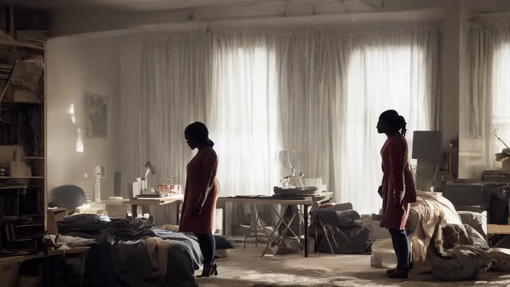 Image similar to Octavia Spencer alone in her studio apartment, moody, sad scene from the movie Pt Anderson, she takes to her friend in a virtual world, art house, award winning film, 3D rendered lighting, stunning cinematography by Hoyte van Hoytema