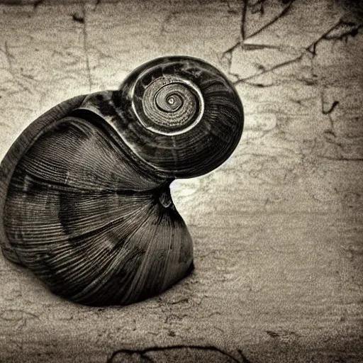 Prompt: snail made of sadness, dark, detailed, rustic, eerie, award winning