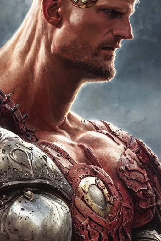 Prompt: ultra realistic illustration,, a hulking herculean alexander skarsgard with leather armour, from doom and warhammer, intricate, elegant, highly detailed, digital painting, artstation, concept art, smooth, sharp focus, illustration, art by artgerm and greg rutkowski and alphonse mucha