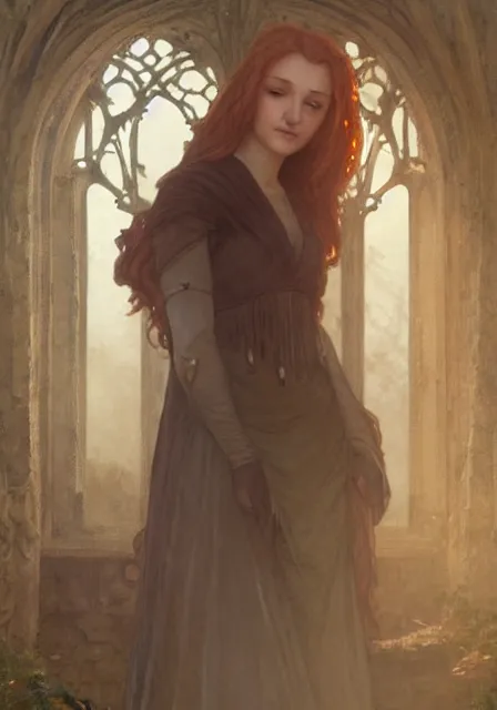 Image similar to sansa stark in foggy ruins of castle, intricate, elegant, highly detailed, digital painting, artstation, concept art, smooth, sharp focus, illustration, art by artgerm and greg rutkowski and alphonse mucha and william - adolphe bouguereau