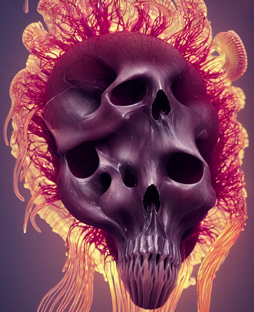 Image similar to goddess close-up portrait animal skull. jellyfish phoenix head, nautilus, orchid, skull, betta fish, bioluminiscent creatures, intricate artwork by Tooth Wu and wlop and beeple. octane render, trending on artstation, greg rutkowski very coherent symmetrical artwork. cinematic, hyper realism, high detail, octane render, 8k