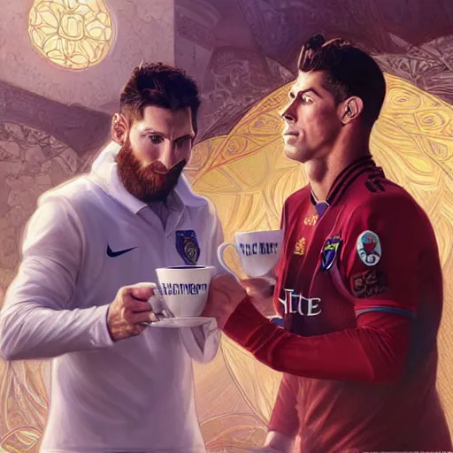 Prompt: Portrait of lionel messi and christiano ronaldo drinking tea in heaven, fantasy, intricate, elegant, highly detailed, digital painting, artstation, concept art, smooth, sharp focus, illustration, art by artgerm and greg rutkowski and alphonse mucha