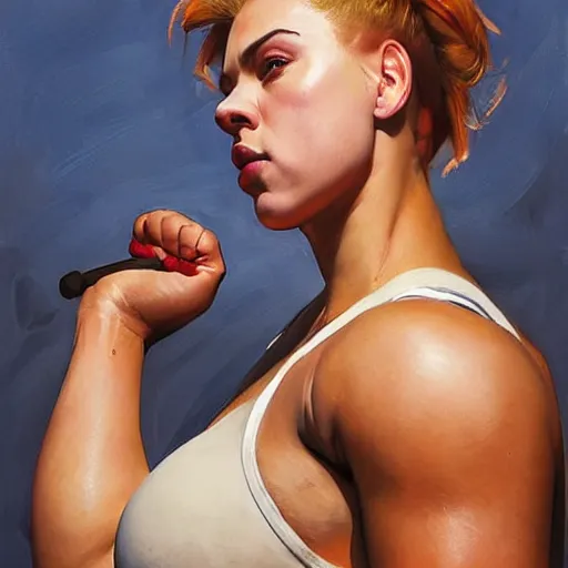 Prompt: greg manchess portrait of thick muscular weightlifter zarya from overwatch with ponytail and blond hair played by scarlett johansson showing back muscles, medium shot, asymmetrical, profile picture, organic painting, sunny day, matte painting, bold shapes, hard edges, street art, trending on artstation, by huang guangjian and gil elvgren and sachin teng