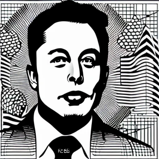 Image similar to a simplified black and white vector based illustration of Elon Musk, created in Adobe illustrator, black ink shading on white background, smooth vector curves, vinyl cut ready