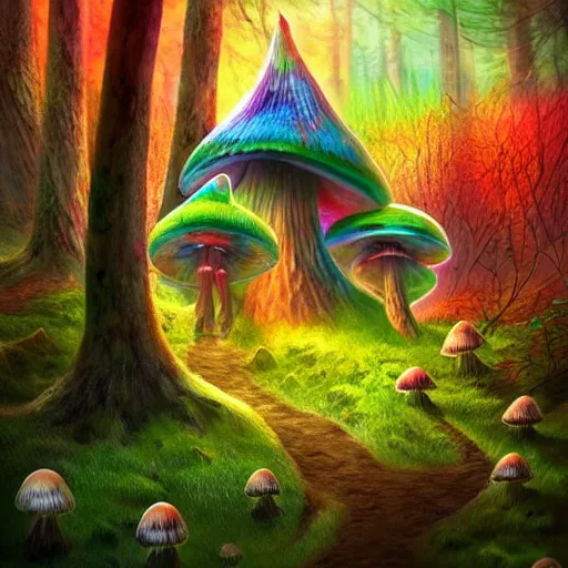 Image similar to Surreal hut in a fantasy forest, colorful mushrooms, artstation, award-winning!!!