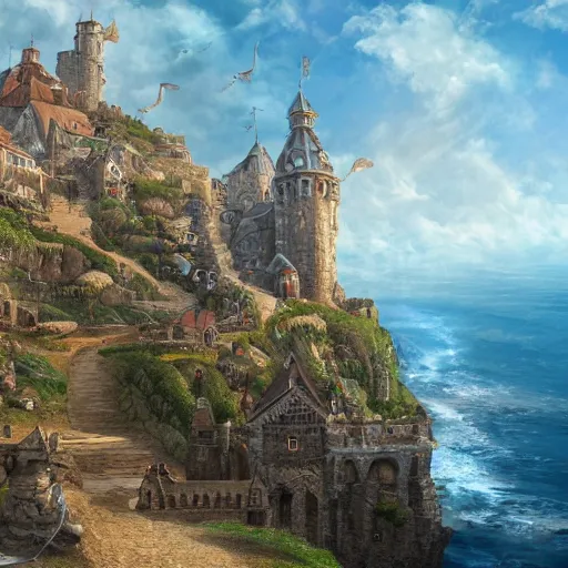 Prompt: Large medieval city on a cliff by the sea, very sunny, fantasy, medieval, highly detailed, Artstation