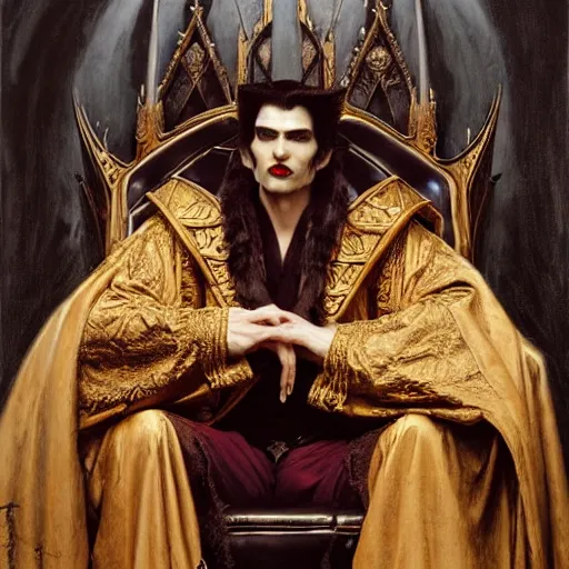 Image similar to perfectly centered portrait of attractive vampire king in a robe sitting on a throne of bones, highly detailed painting by gaston bussiere, craig mullins, j. c. leyendecker, 8 k