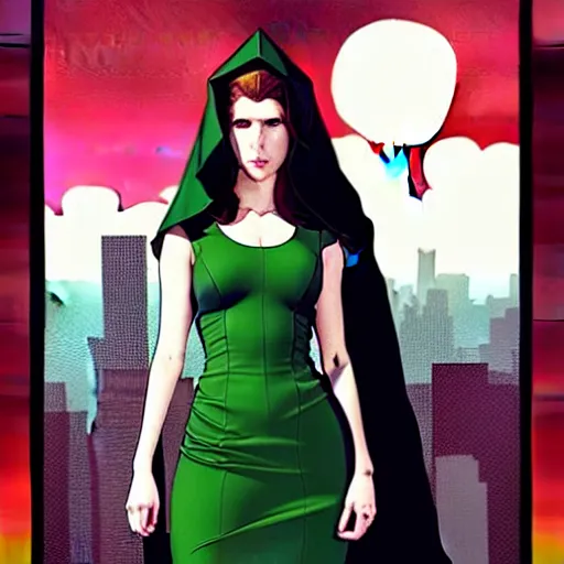 Prompt: Phil Noto comic art, artgerm, Joshua Middleton, cinematics lighting, beautiful Anna Kendrick supervillain Enchantress, green dress with a black hood, angry, symmetrical face, Symmetrical eyes, full body, flying in the air over city, night time, red mood in background