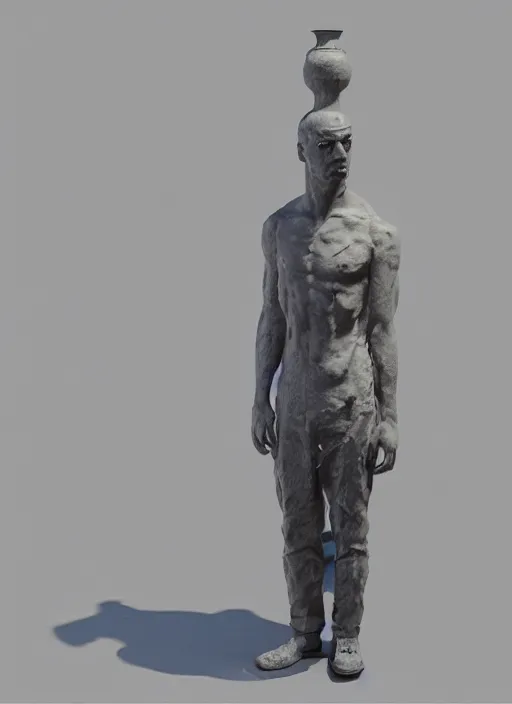 Image similar to a sculpture of a man standing next to a tall vase, a raytraced image by Hikari Shimoda, polycount, video art, vray tracing, ray tracing, rendered in unreal engine