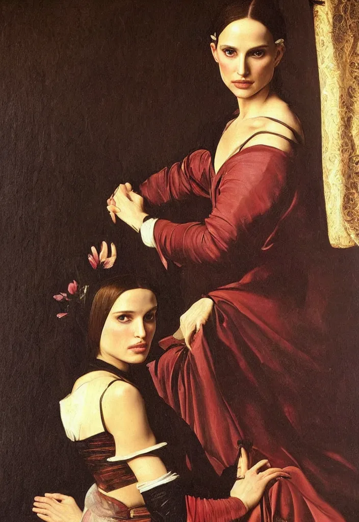 Image similar to a portrait of a Natalie Portman , beautiful clothes, oil painting in a renaissance style , very detailed, painted by Caravaggio.