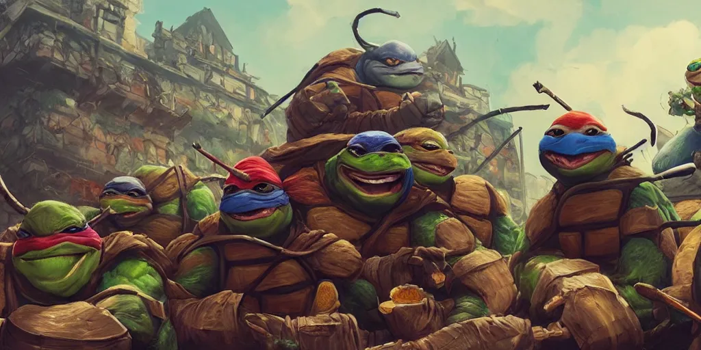 Prompt: ninja turtles are high and eating ice cream, Greg Rutkowski, Darek Zabrocki, Karlkka, Jayison Devadas, Phuoc Quan, trending on Artstation, 8K, ultra wide angle, pincushion lens effect.