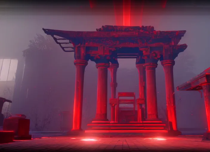 Prompt: ancient temple of worship with red shafts of light in destiny 2, foggy, liminal, dark, dystopian, beautiful architecture, abandoned, highly detailed 4 k 6 0 fps in - game destiny 2 gameplay screenshot leak