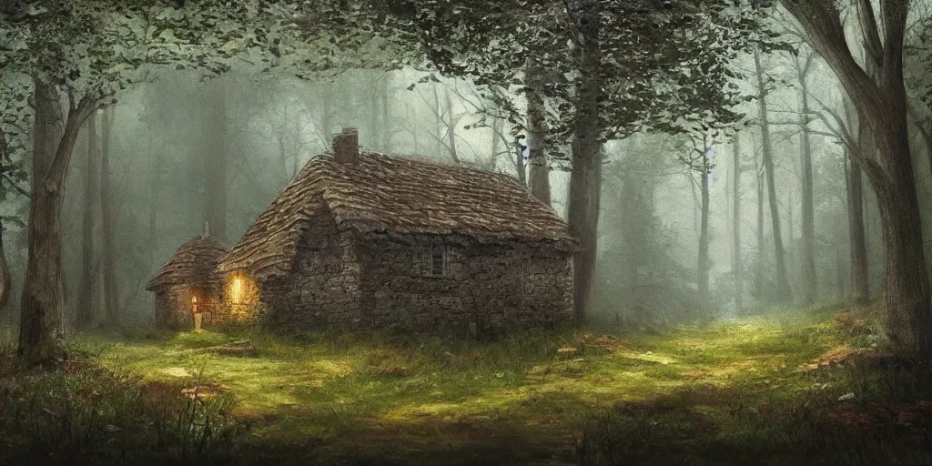 Image similar to a painting of a cottage in the woods and empty woods, 8k, fantasy, hyper realistic, atmospheric, cinematic