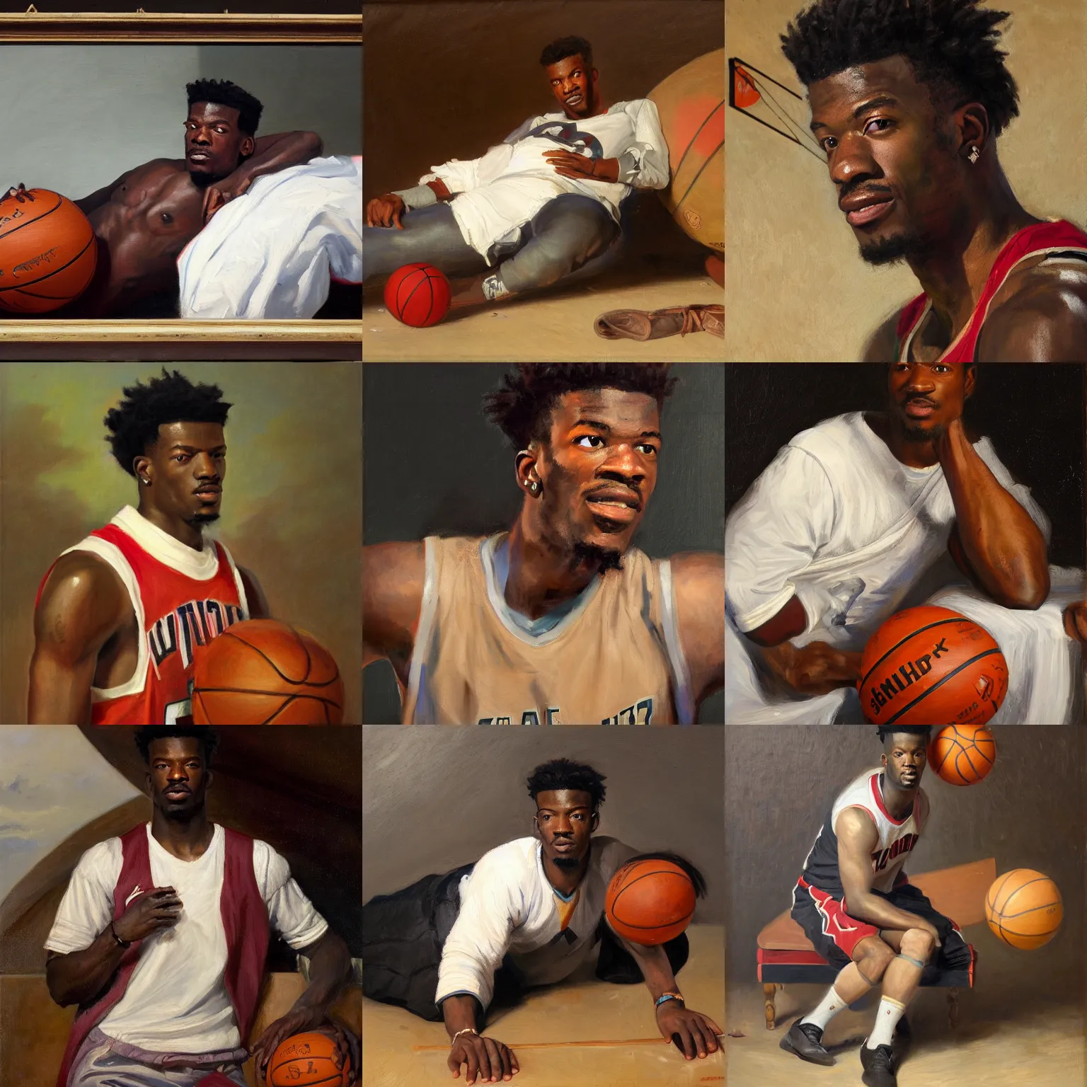 Prompt: portrait of jimmy butler, resting underneath a basketball hoop, oil on canvas painting, oil on canvas by william sidney mount - 1 8 3 3, trending on artstation