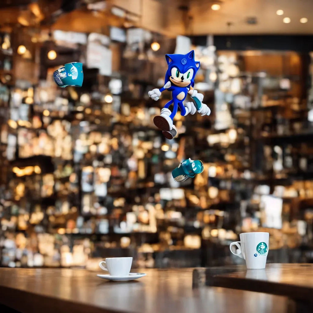 Image similar to Sonic having a cup of tea at starbucks. Beautiful composition, hyperrealistic, 50 mm f 1.2, medium shot, indoor smooth light