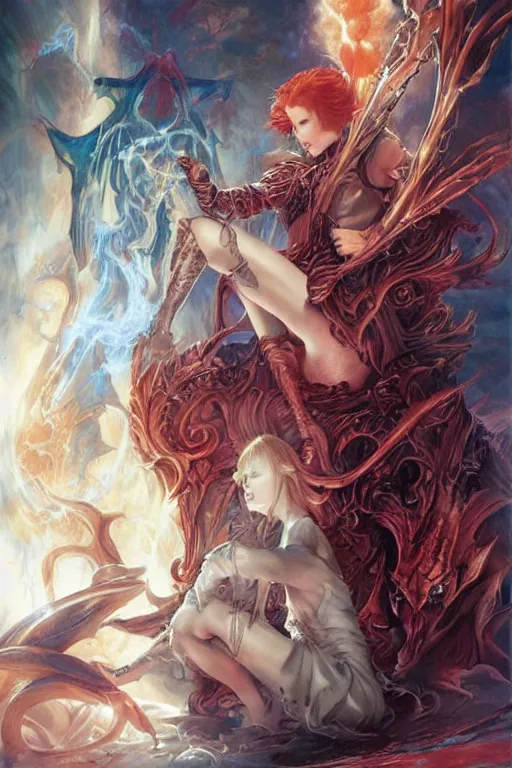 Image similar to young redhead Spellcaster on their knees worshiping spell book, S&D dark fantasy style, sharp focus, ultra detailed, art by Artgerm and Peter Andrew Jones, Karol Bak, Ayami Kojima, Amano and Olivier Ledroit