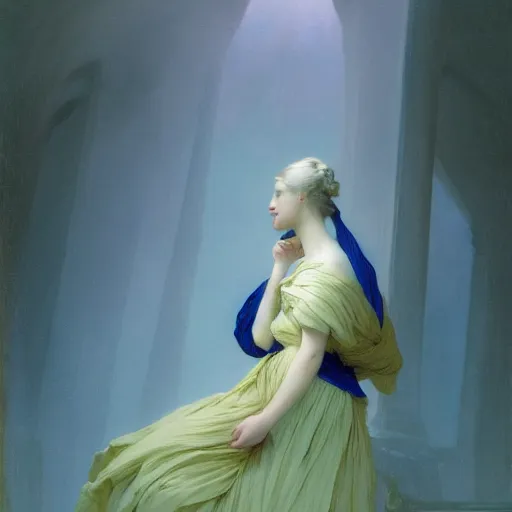 Prompt: a young woman's face, her hair is white and she wears an cobalt blue satin cloak, by ivan aivazovsky and syd mead and moebius and gaston bussiere and roger dean and pieter claesz and paul delaroche and alma tadema and aelbert cuyp and willam claesz, hyperrealistic, volumetric light, octane render