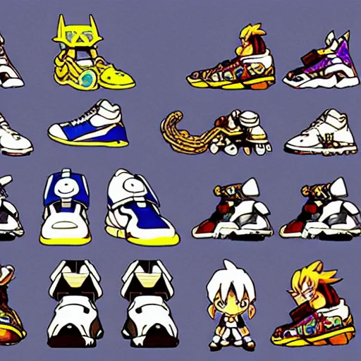 Image similar to fantasy jrpg sneaker design designed by capcom megaman, chrono trigger guilty gear sneaker styles, aztec mayan street fashion native punk sneaker design, focus on megaman hip hop sneaker design with subtle mayan patterns, trending on pixiv fanbox, painted by akira toriyama and studio ghibli princess mononoke megaman capcom