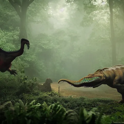 Prompt: unreal engine hyperreallistic render 8k of two trex tyrannosaurus rex dinosaurs fighting in the misty jungle action shot