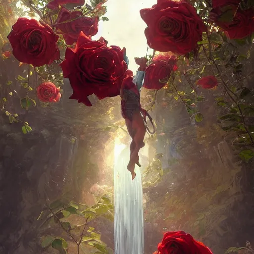 Prompt: man suspended over water, roses everywhere, highly detailed, digital painting, artstation, concept art, smooth, sharp focus, illustration, art by artgerm and greg rutkowski and alphonse mucha