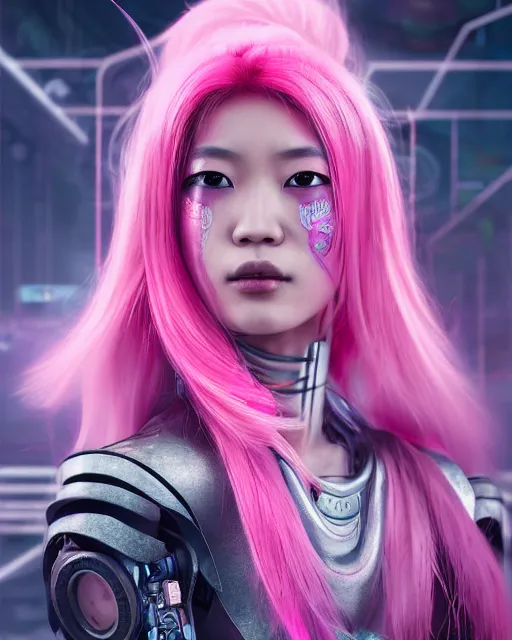 Image similar to portrait of a beautiful asian woman with pink hair as a cyberpunk cyborg half robot, sci - fi, missing panels, intricate abstract upper body intricate artwork, concept art, octane render, deviantart, cinematic, key art, hyperrealism, iridescent accents, portrait photograph, nikon 3 5 mm, photograph by greg rutkowski