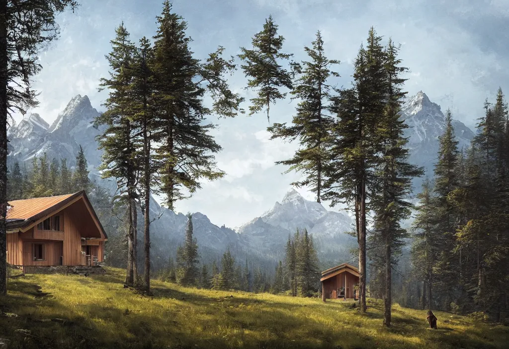 Prompt: a modern large wooden cabin on top of a hill with trees. mountains in the background, artstation, jakub rozalski, high detail