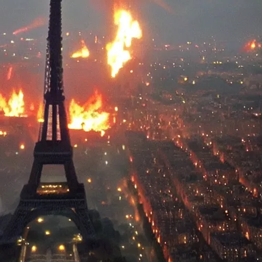 Image similar to A Guy standing a top of Eiffel tower, Zombie apocalypse, Zombie everywhere, Fire everywhere, Building destroyed, People screaming, Horde of zombies,