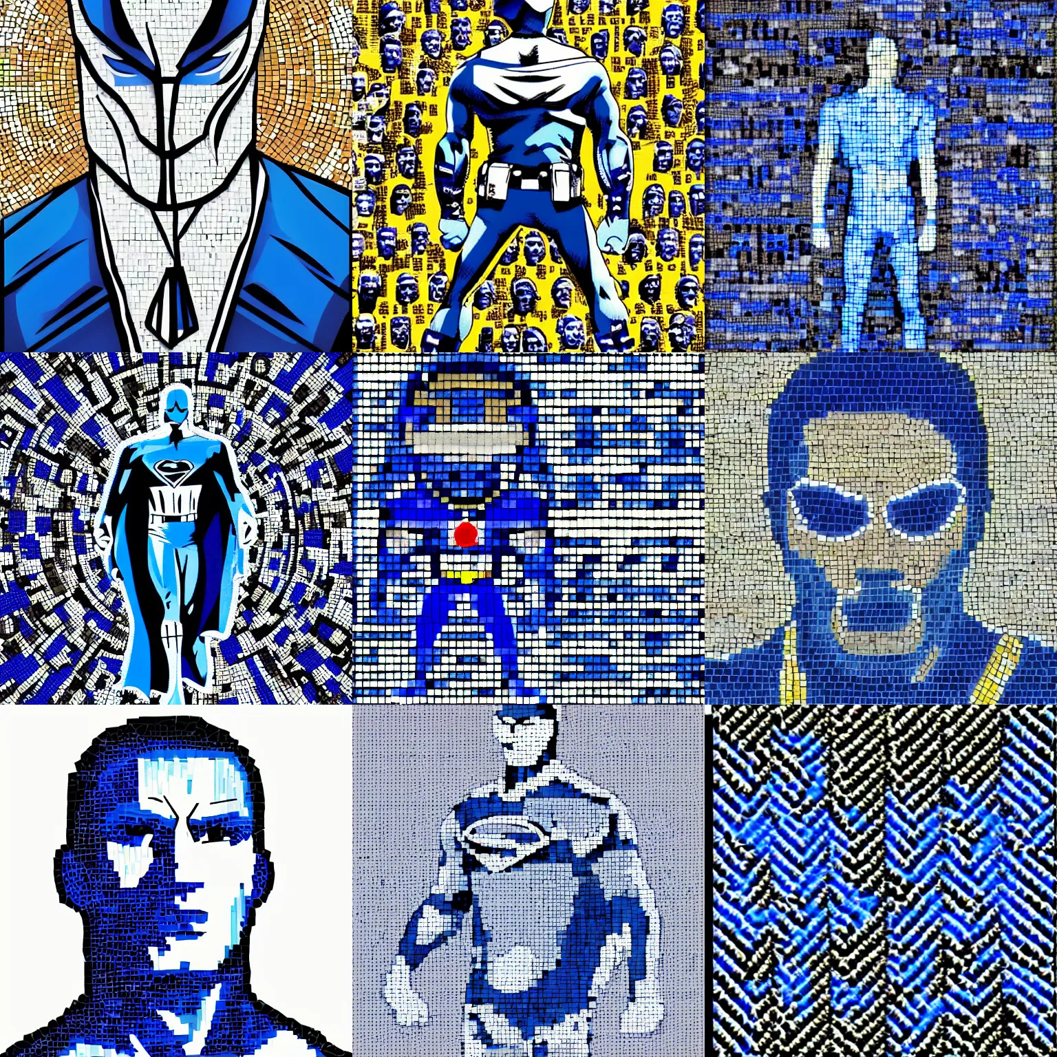 Prompt: blue - and - white image of a criminal superhero whose dna is a mosaic of 1 2 people