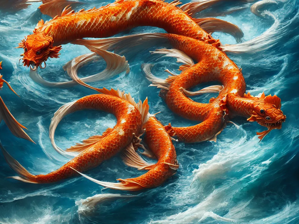 Image similar to intertwined koi dragon fish, water torrent background, jesper ejsing, james jean, justin gerard, tomasz alen kopera, cgsociety, fenghua zhong, makoto shinkai, octane render, highly detailed, rim light, cinematic lighting, hyper realism, high detail, intricate, 4 k, masterpiece