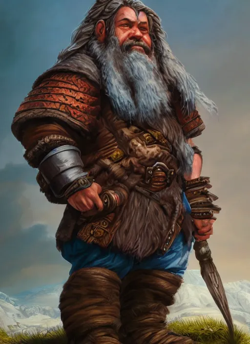 Image similar to A fantasy comic book style portrait painting of a dwarf warrior in a stunning fantasy landscape, unreal 5, DAZ, hyperrealistic, octane render, RPG portrait, dynamic lighting