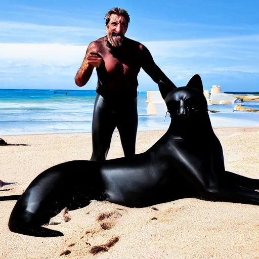 Image similar to john mcafee riding a black panther on a tropical beach