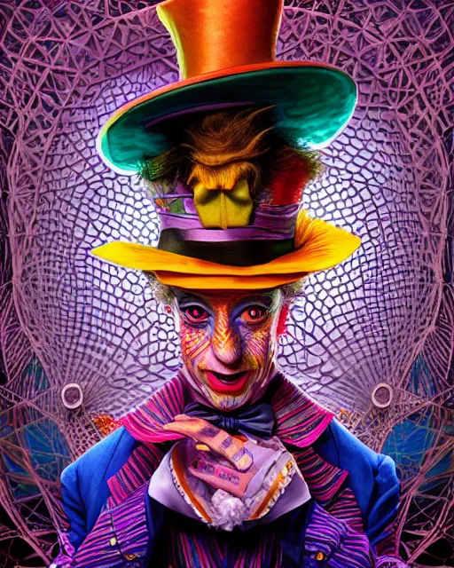 Prompt: highly detailed vfx portrait of the mad hatter from alice in wonderland, geometric polygons, global illumination, detailed and intricate environment by james jean, liam brazier, victo ngai and tristan eaton