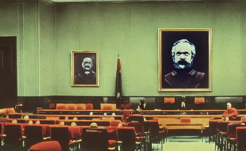 Image similar to 60s movie still of a stalinist style parlement with a giant painting of Karl Marx, by Irving Penn , cinestill 800t 35mm eastmancolor, heavy grainy picture, very detailed, high quality, 4k, HD criterion, precise texture