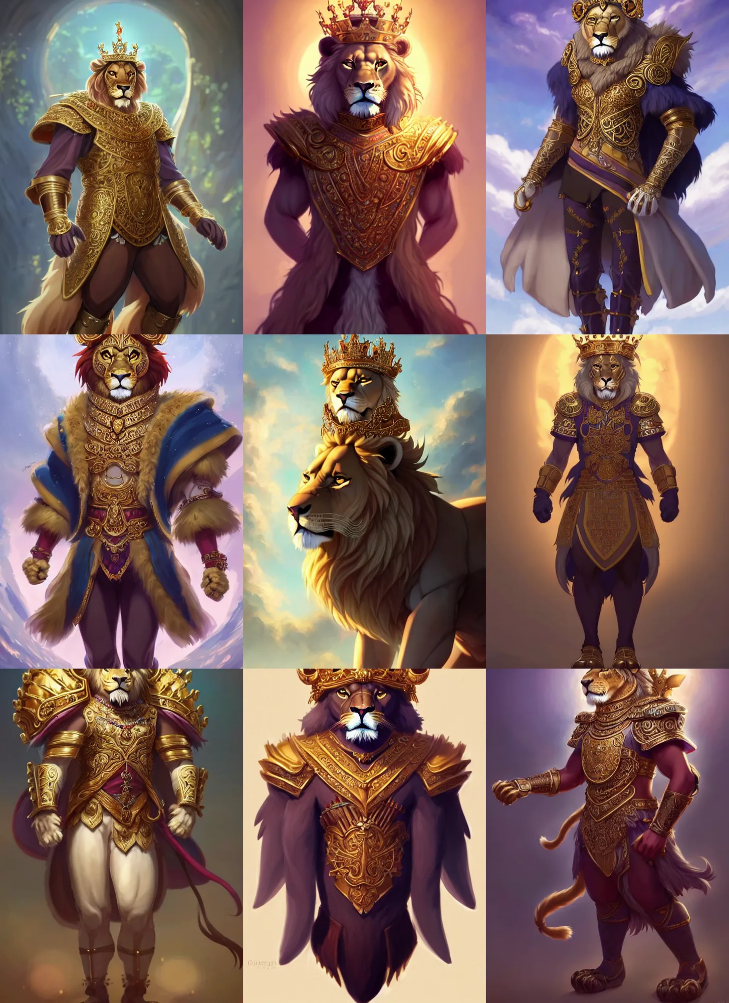 Prompt: beautiful full body portrait of a strong male anthropomorphic lion fursona dressed as a king in ornate armor with a crown. character design by disney, anime, manga, charlie bowater, ross tran, artgerm, and makoto shinkai, detailed, soft lighting, rendered in octane